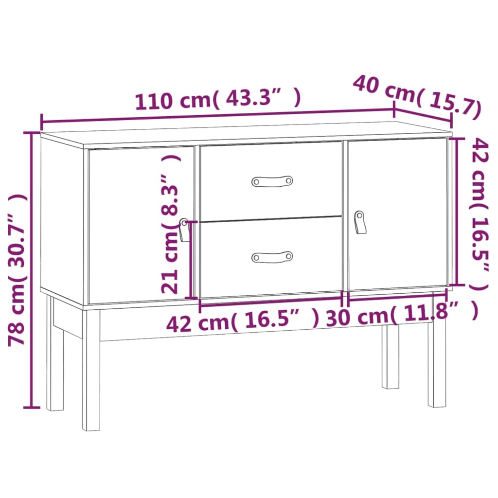 vidaXL skænk 110x40x78 cm massivt fyrretræ