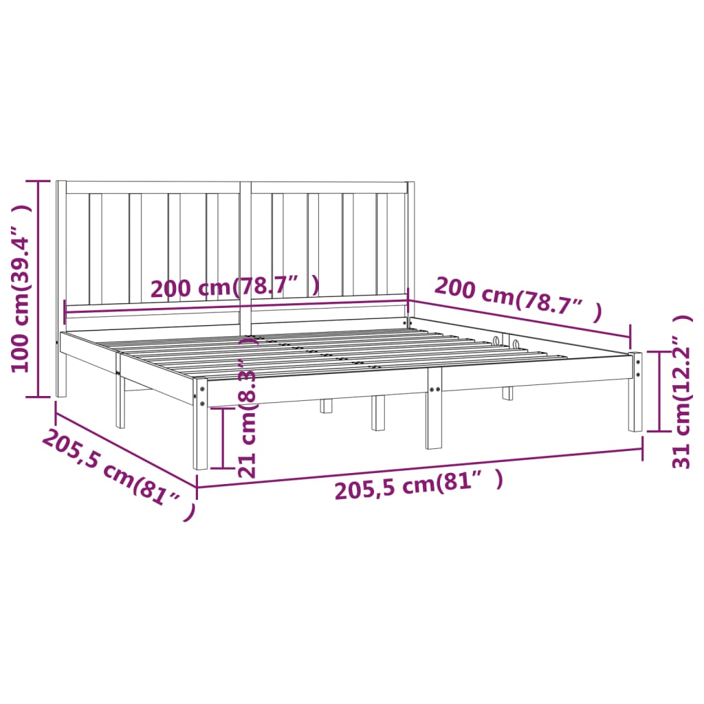 vidaXL sengeramme 200x200 cm massivt fyrretræ sort