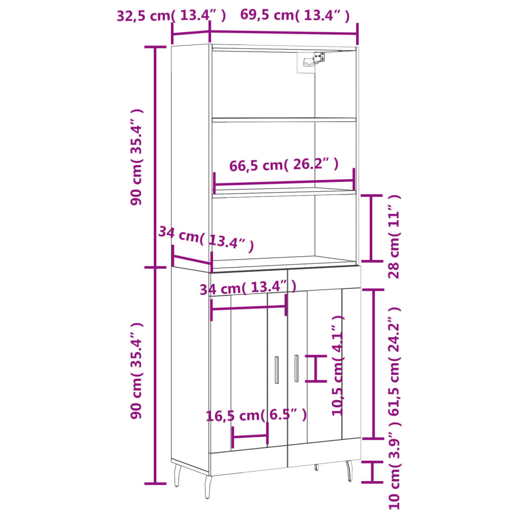 vidaXL højskab 69,5x34x180 cm konstrueret træ hvid