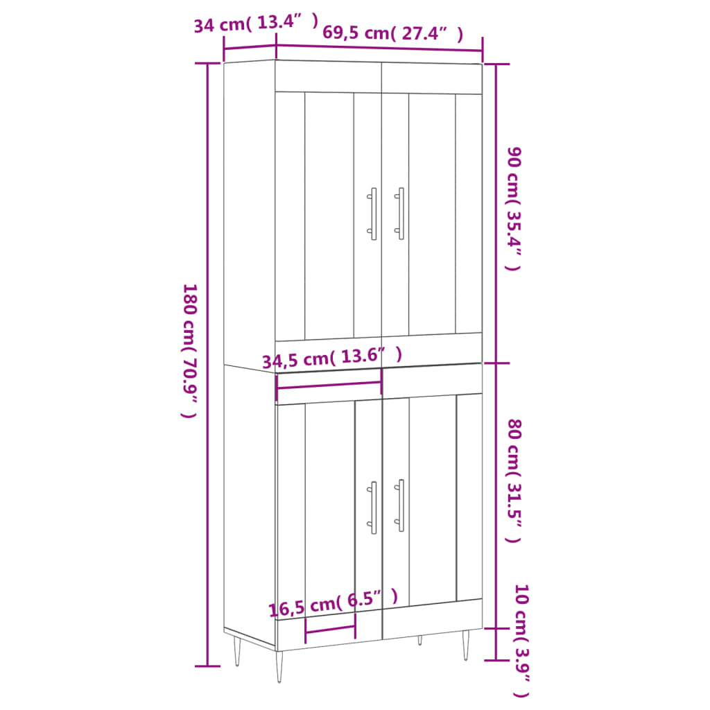 vidaXL højskab 69,5x34x180 cm konstrueret træ grå sonoma-eg