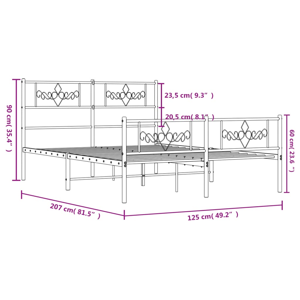 vidaXL sengeramme med sengegavl og fodgærde 120x200 cm metal hvid