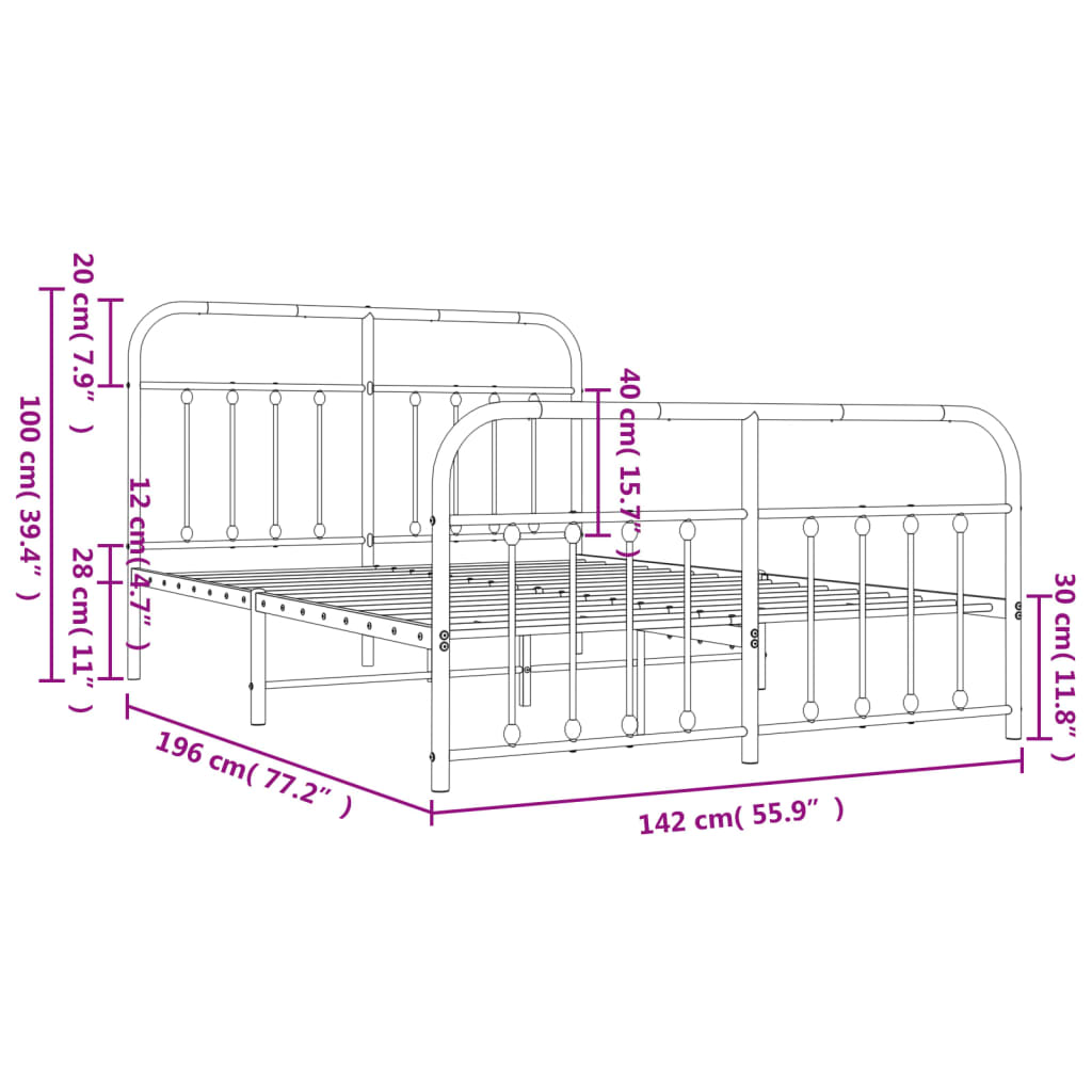 vidaXL sengeramme med sengegavl og fodgærde 135x190 cm metal hvid