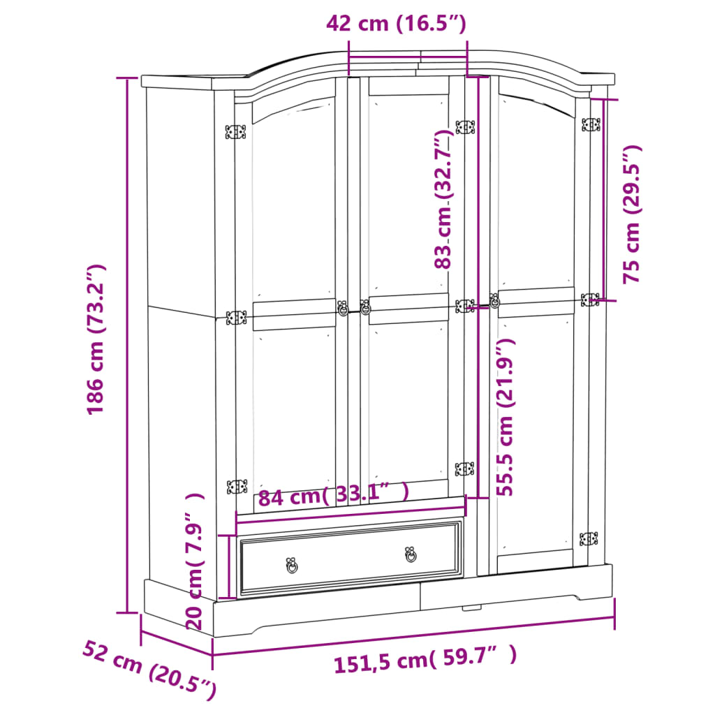 vidaXL klædeskab Corona 151,5x52x186 cm massivt fyrretræ