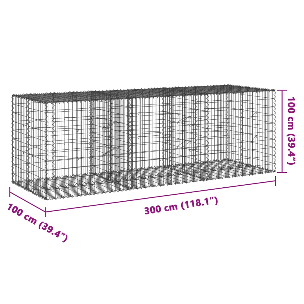 vidaXL gabionkurv med cover 300x100x100 cm galvaniseret jern