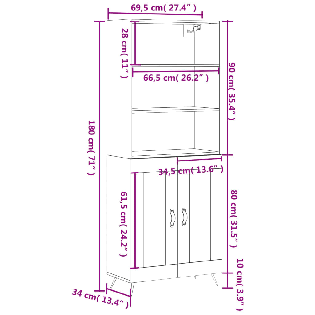 vidaXL højskab 69,5x34x180 cm konstrueret træ røget egetræsfarve