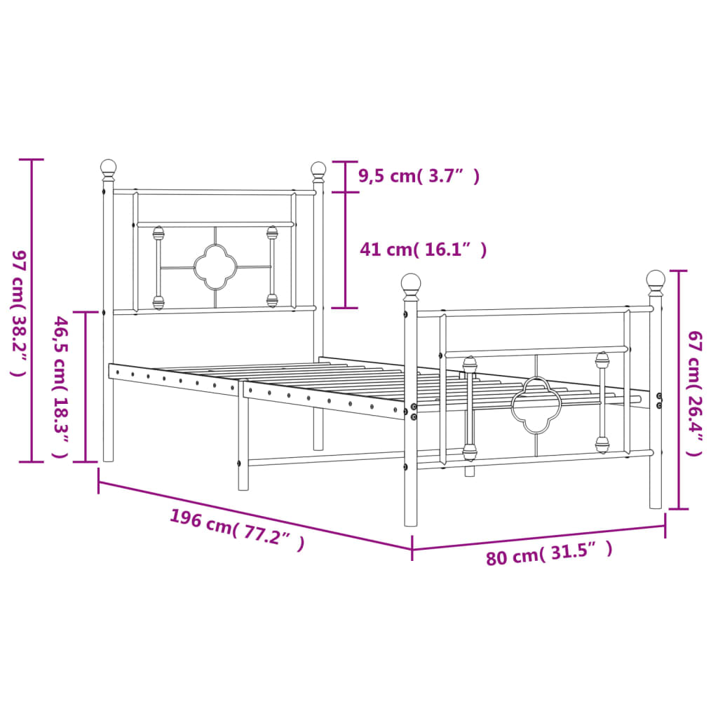 vidaXL sengeramme med sengegavl og fodgærde 75x190 cm metal sort