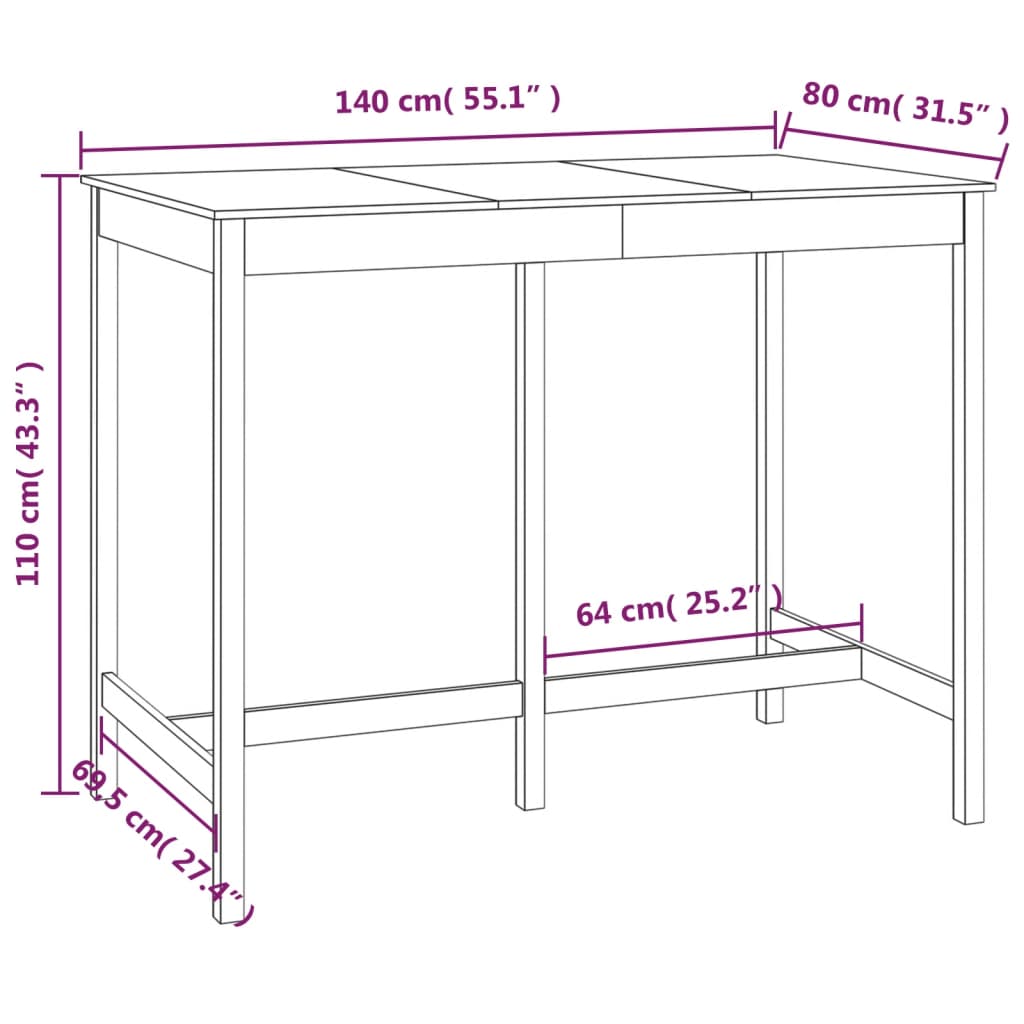 vidaXL barbord 140x80x110 cm massivt fyrretræ