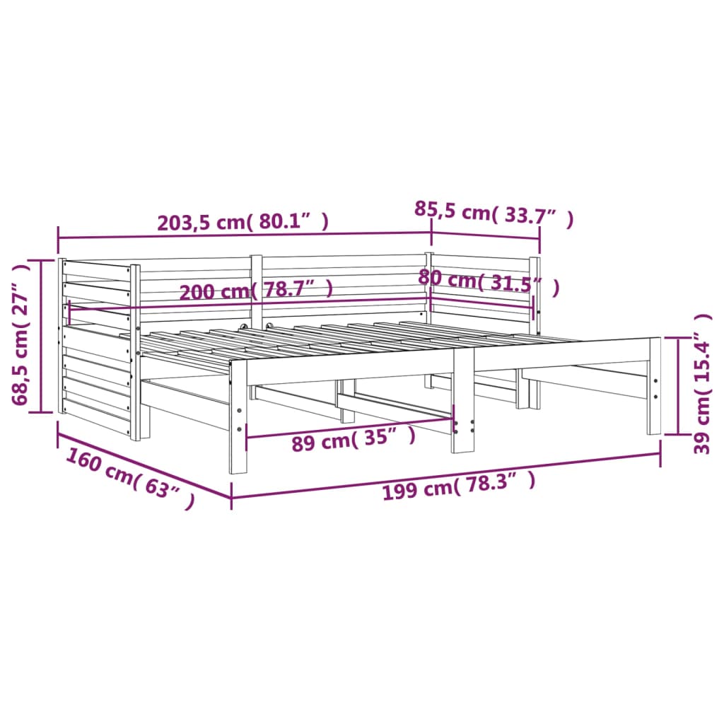 vidaXL daybed med udtræk 2x(80x200) cm massivt fyrretræ sort