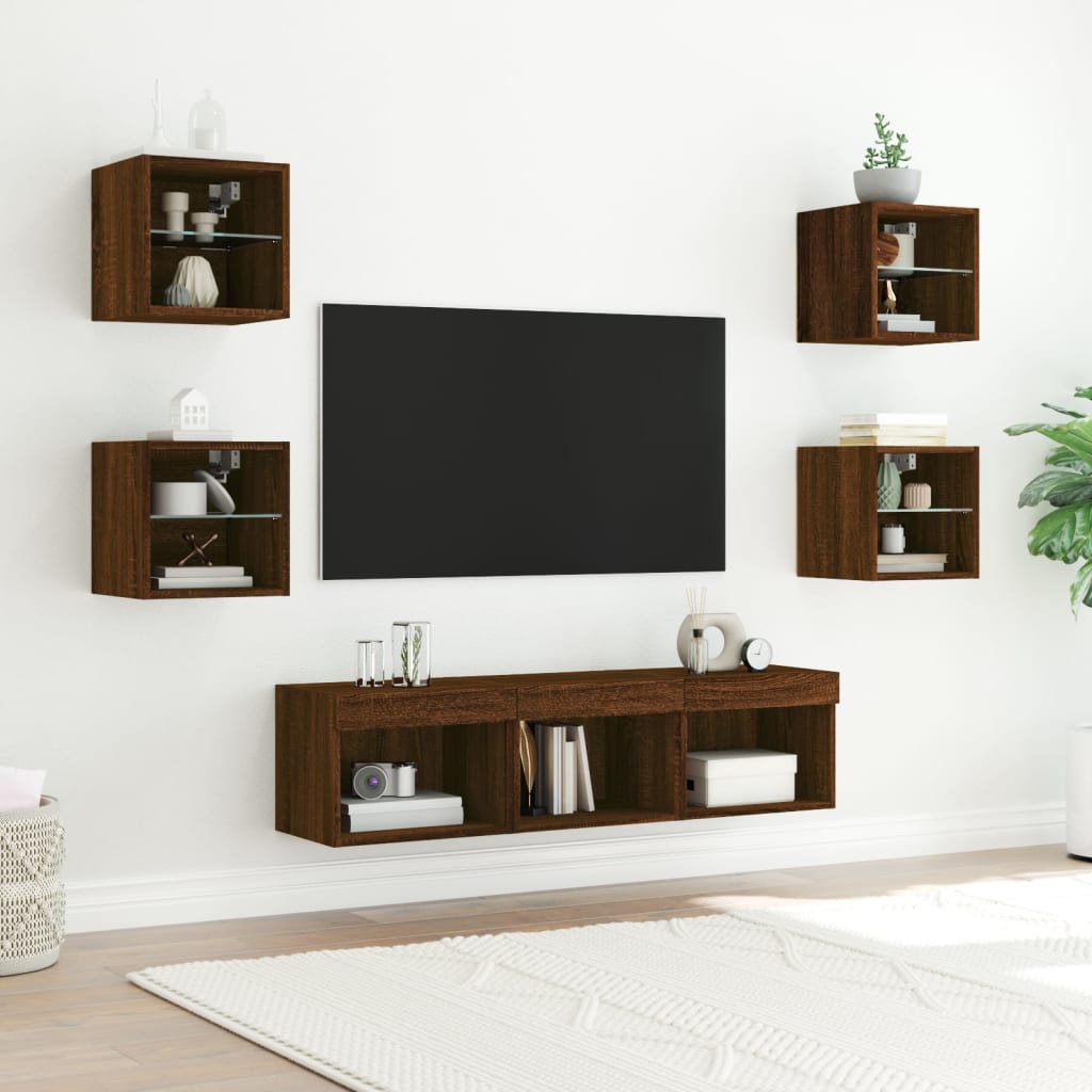 vidaXL tv-møbel til væg 7 dele med LED-lys konstrueret træ brunt eg