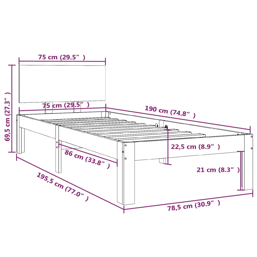 vidaXL sengeramme 75x190 cm Small Single massivt træ hvid