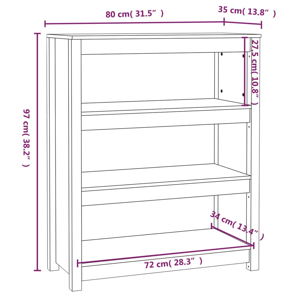 vidaXL bogreol 80x35x97 cm massivt fyrretræ