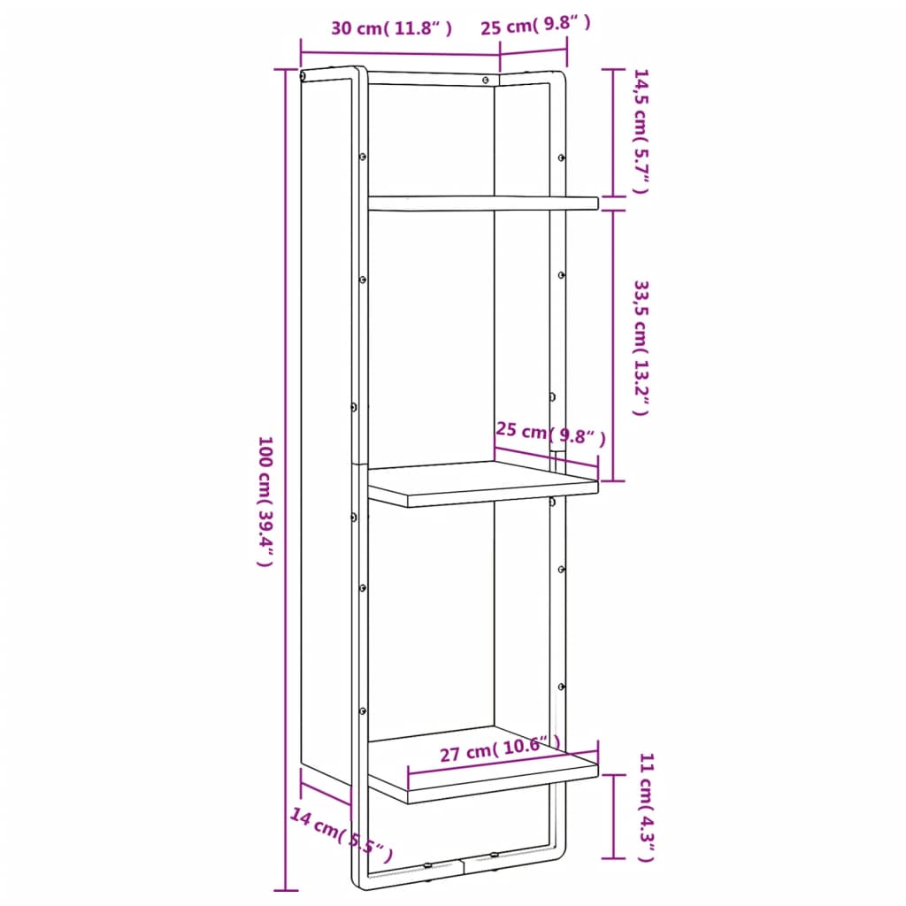 vidaXL vægreol med 3 hylder 30x25x100 cm konstrueret træ sonoma-eg