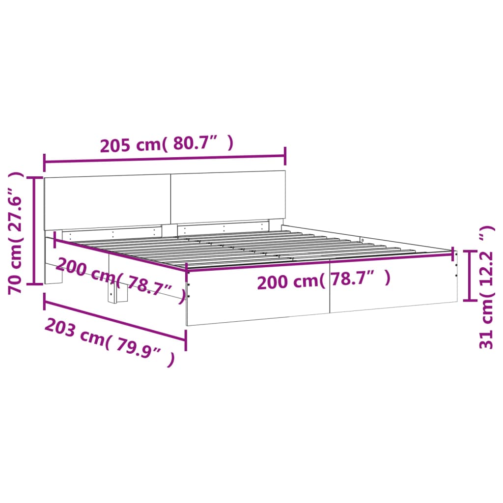 vidaXL sengeramme med sengegavl og LED-lys 200x200 cm grå sonoma-eg