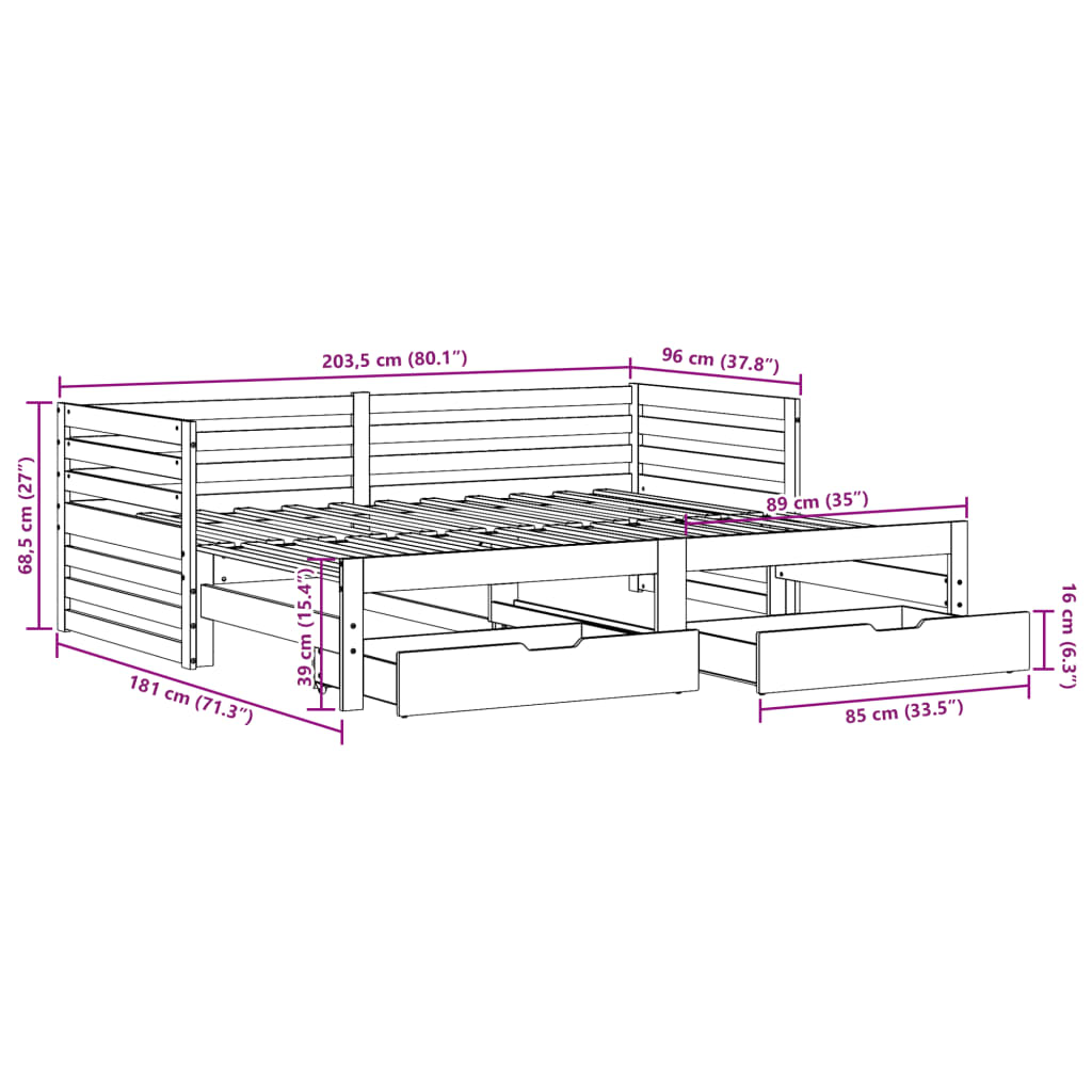 vidaXL daybed med skuffer 90x200 cm massivt fyrretræ hvid