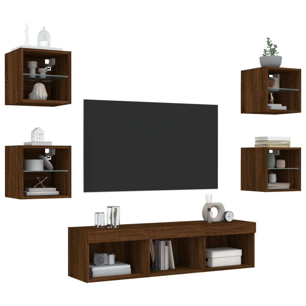 vidaXL tv-møbel til væg 7 dele med LED-lys konstrueret træ brunt eg