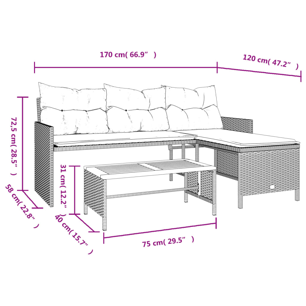 vidaXL havesofa med bord og hynder L-formet polyrattan beige