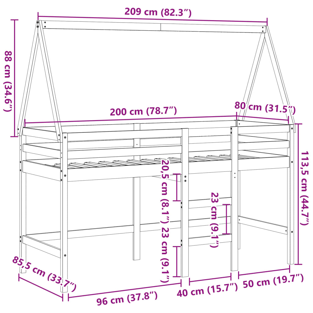 vidaXL højseng med stige og tag 80x200 cm massivt fyrretræ hvid