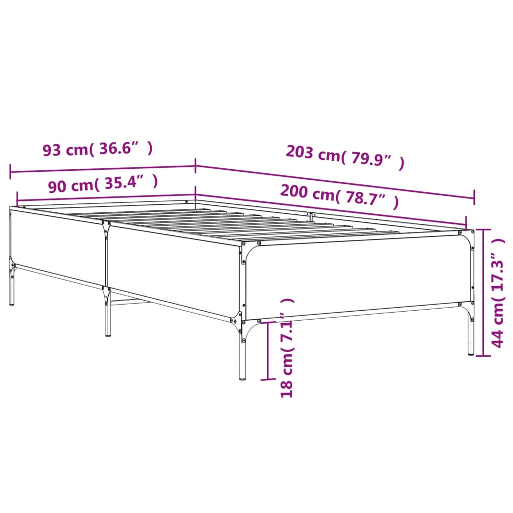 vidaXL sengeramme 90x200 cm konstrueret træ og metal sonoma-eg