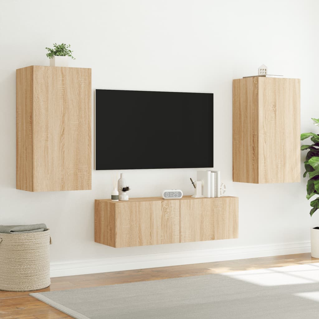 vidaXL væghængt tv-møbel 3 dele med LED-lys sonoma-eg