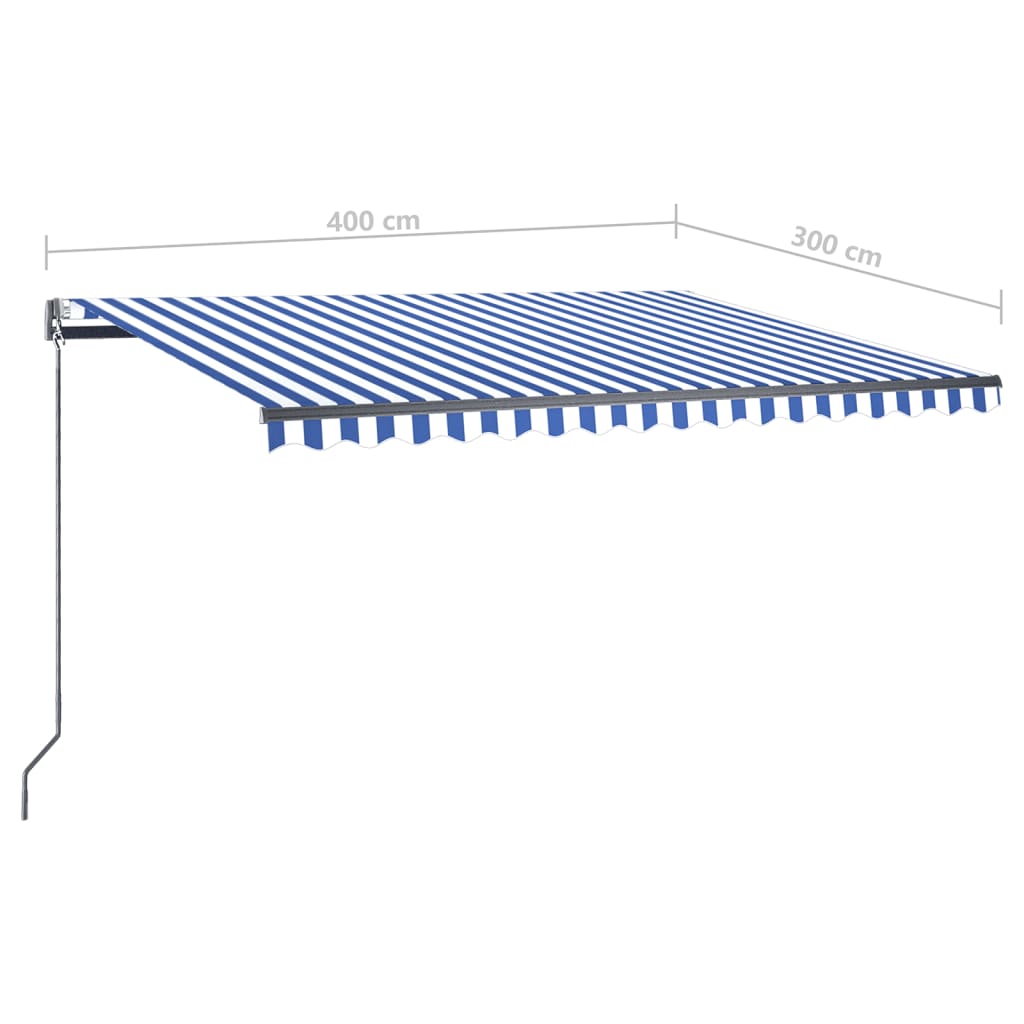 vidaXL markise m. LED+vindsensor 400x300 cm automatisk blå og hvid