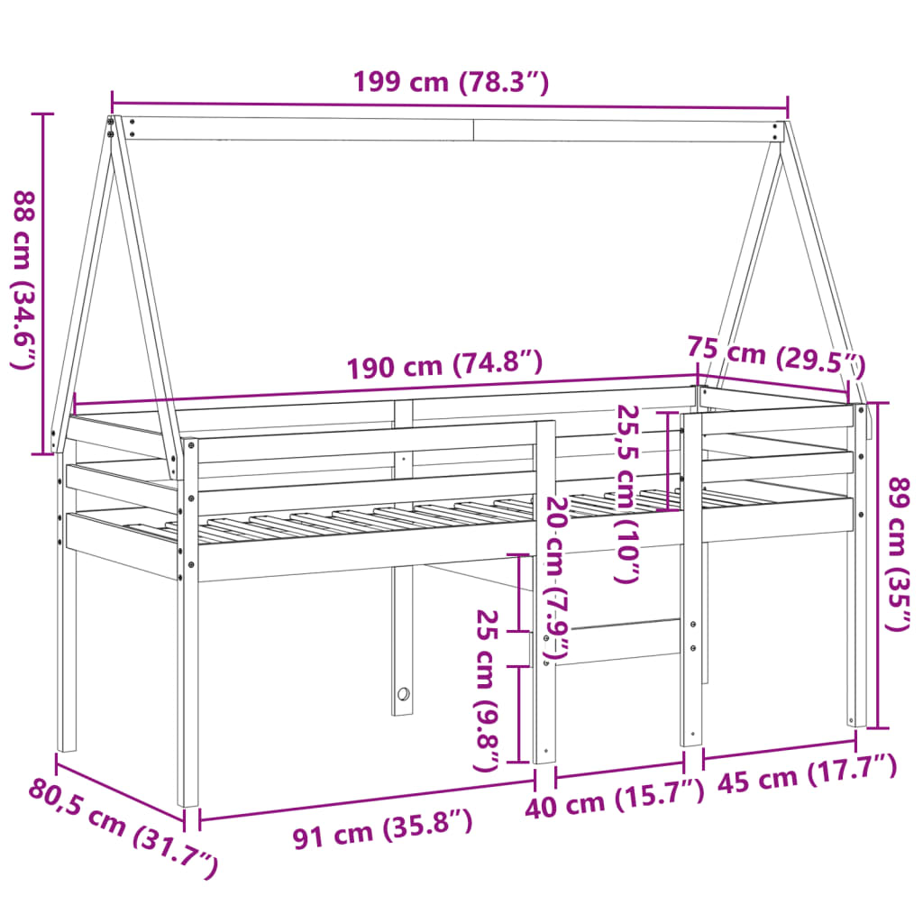 vidaXL højseng med tag 75x190 cm massivt fyrretræ gyldenbrun