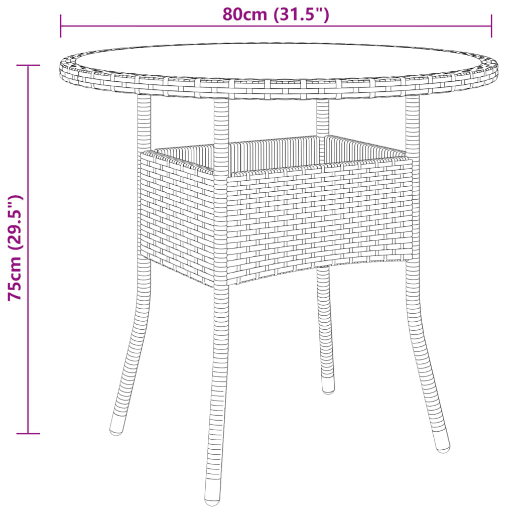 vidaXL havebord Ø80x75 cm hærdet glas og polyrattan beige