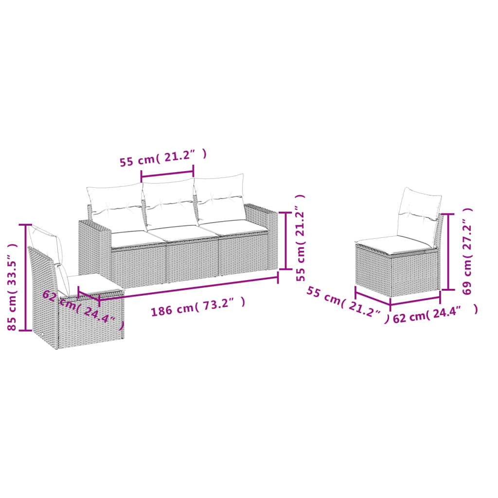 vidaXL sofasæt 5 dele med hynder polyrattan grå