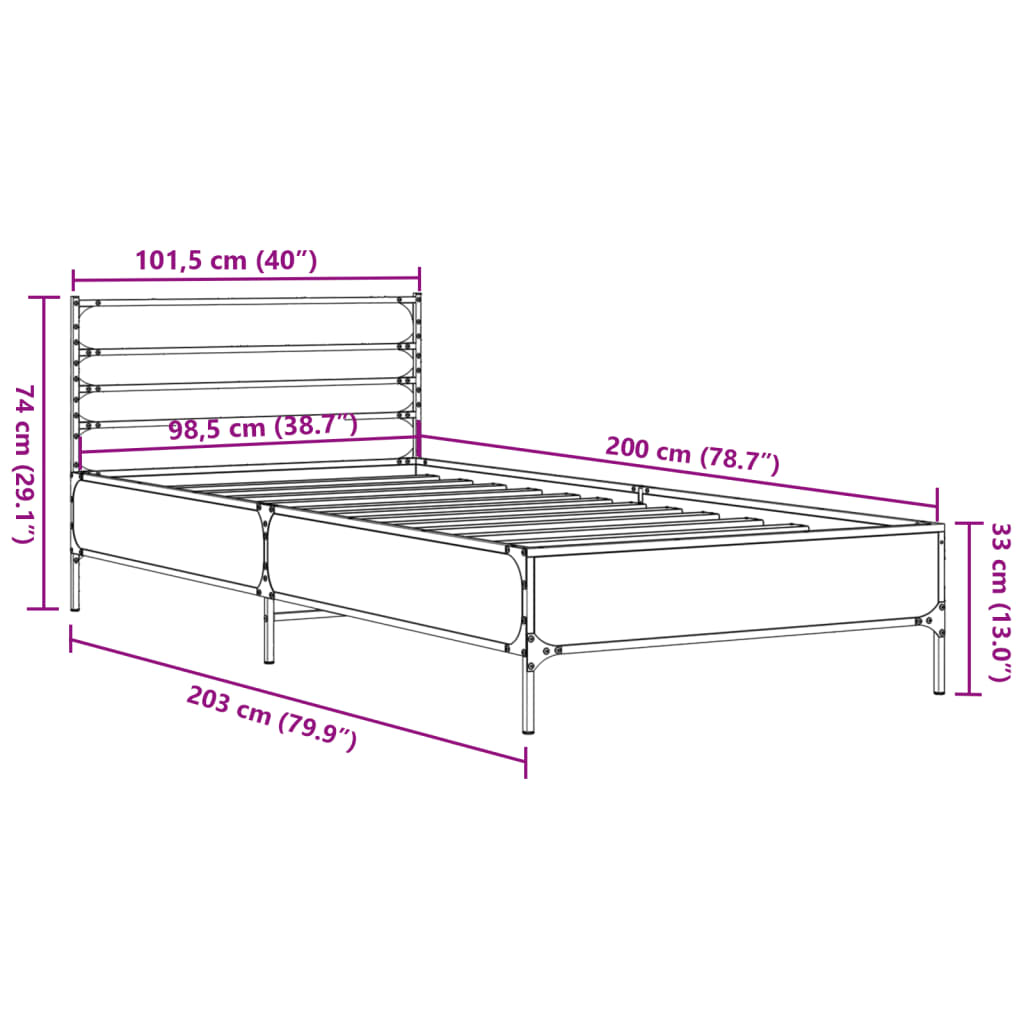 vidaXL sengeramme 100x200 cm konstrueret træ og metal røget eg