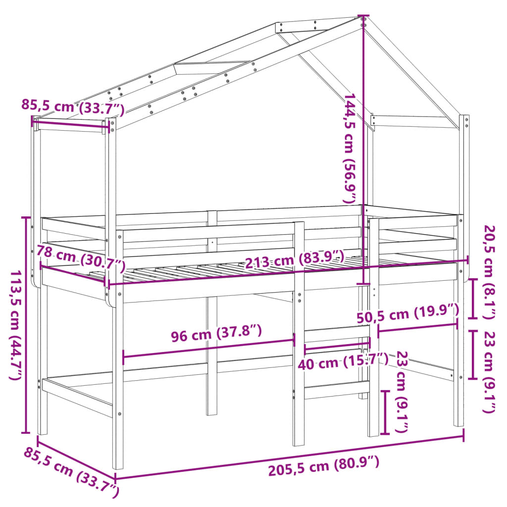 vidaXL højseng med stige og tag 80x200 cm massivt fyrretræ hvid