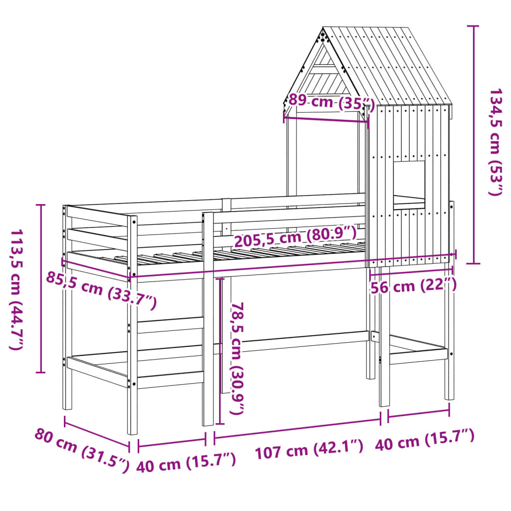 vidaXL højseng med stige og tag 80x200 cm massivt fyrretræ