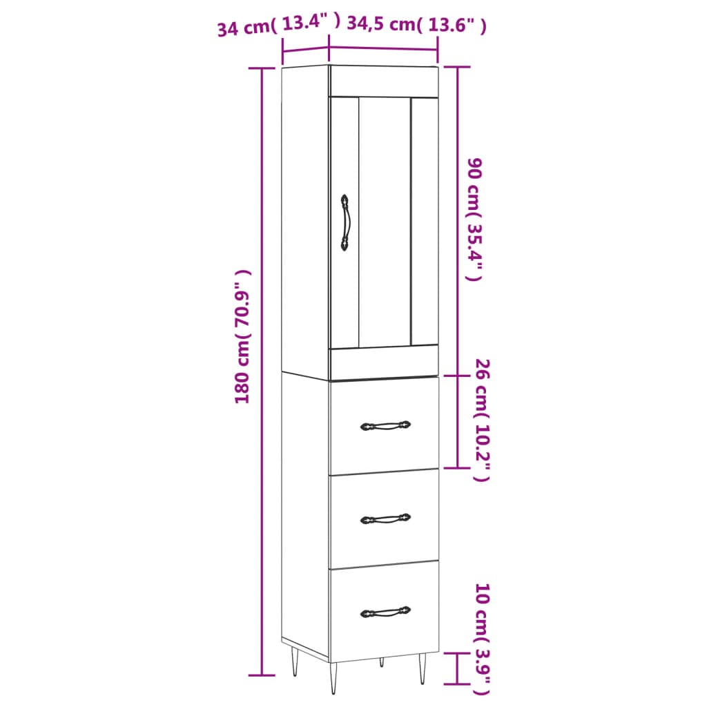 vidaXL skab 34,5x34x180 cm konstrueret træ betongrå