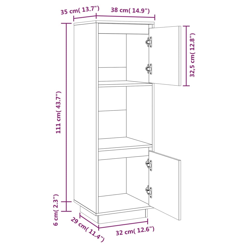 vidaXL højskab 38x35x117 cm massivt fyrretræ sort