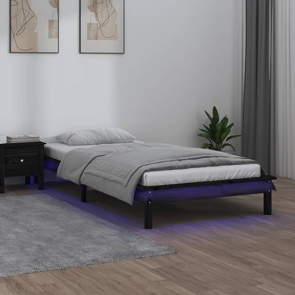 vidaXL sengeramme med LED-lys 90x190 cm Single massivt træ sort