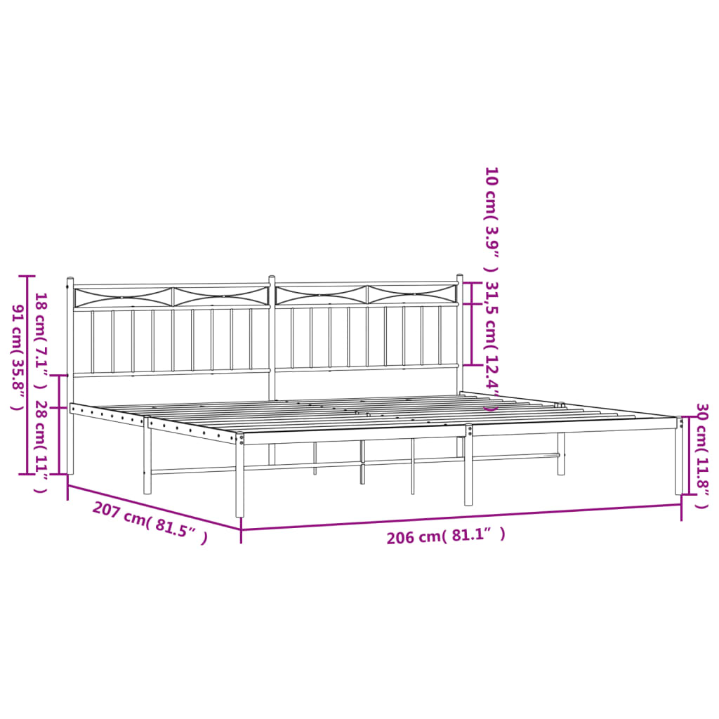 vidaXL sengeramme med sengegavl 200x200 cm metal hvid