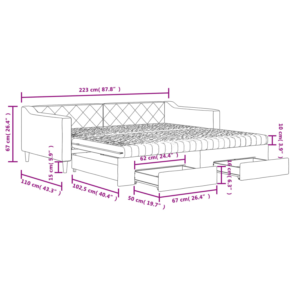 vidaXL daybed med udtræk og skuffer 100x200 cm stof lysegrå