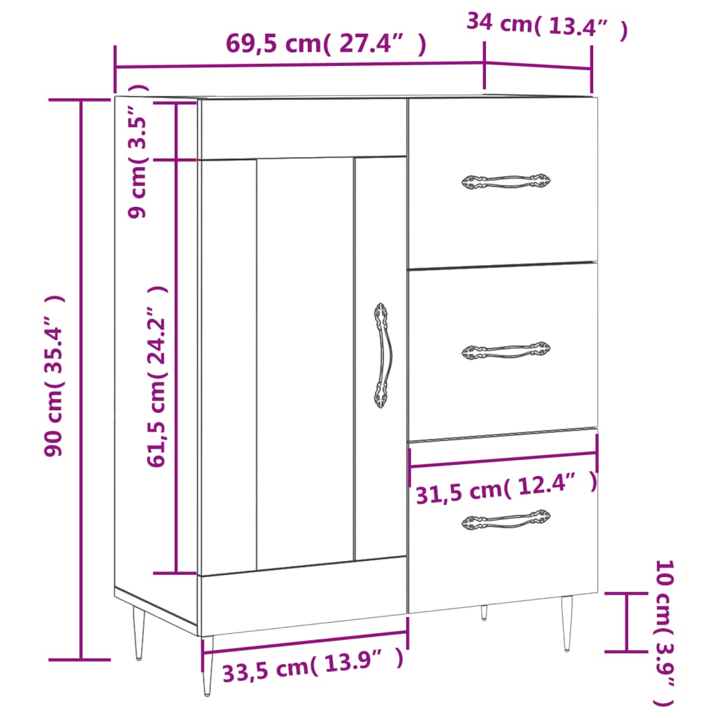 vidaXL skænk 69,5x34x90 cm konstrueret træ sonoma-eg