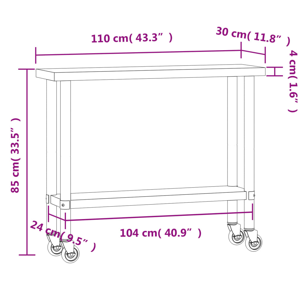 vidaXL arbejdsbord med hjul til køkken 110x30x85 cm rustfrit stål