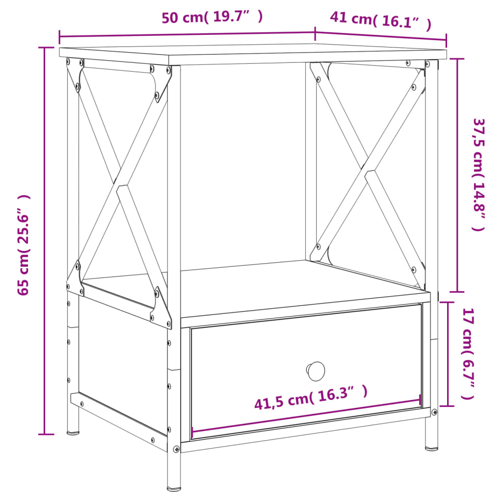 vidaXL sengeborde 2 stk. 50x41x65 cm konstrueret træ brun egetræsfarve