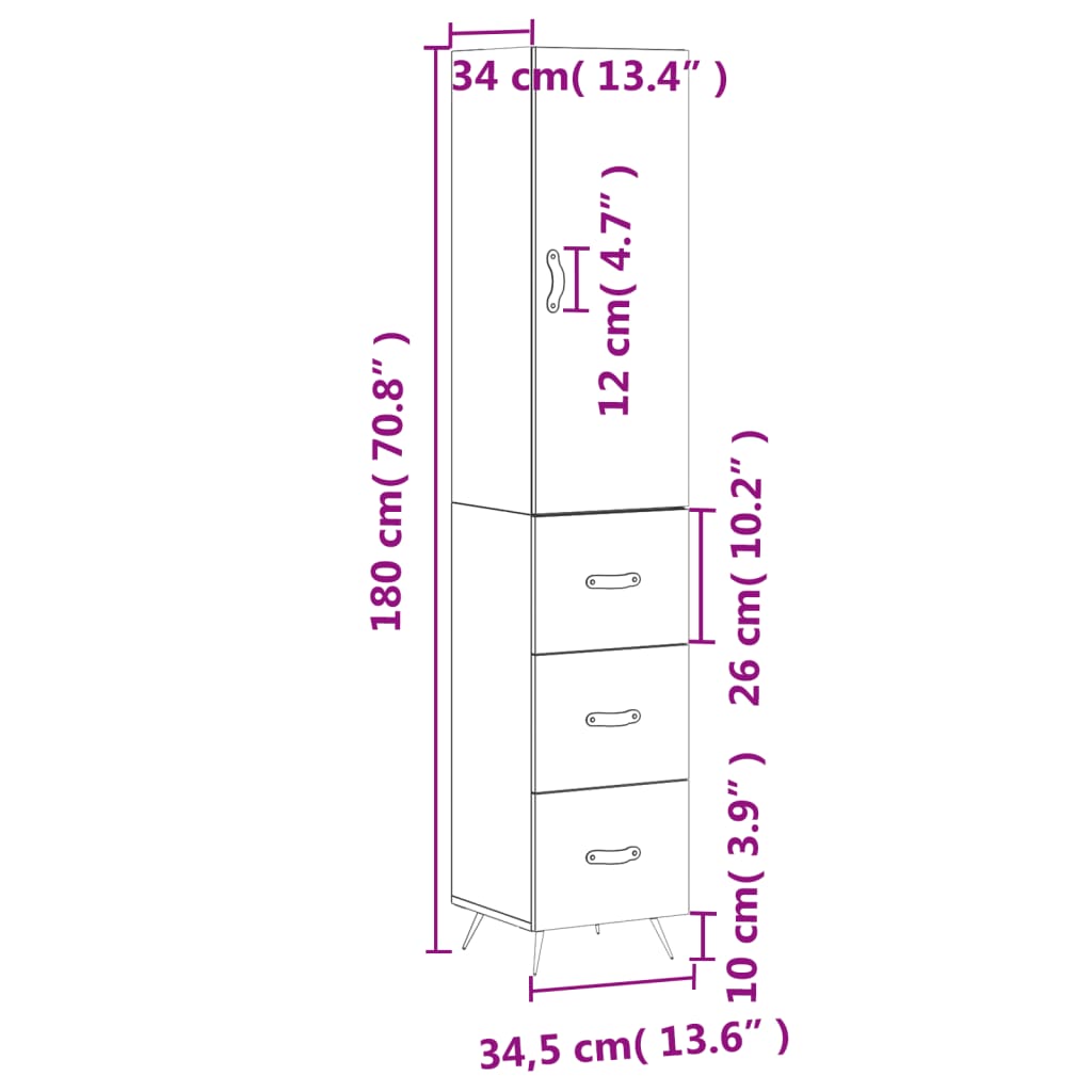 vidaXL skab 34,5x34x180 cm konstrueret træ sort