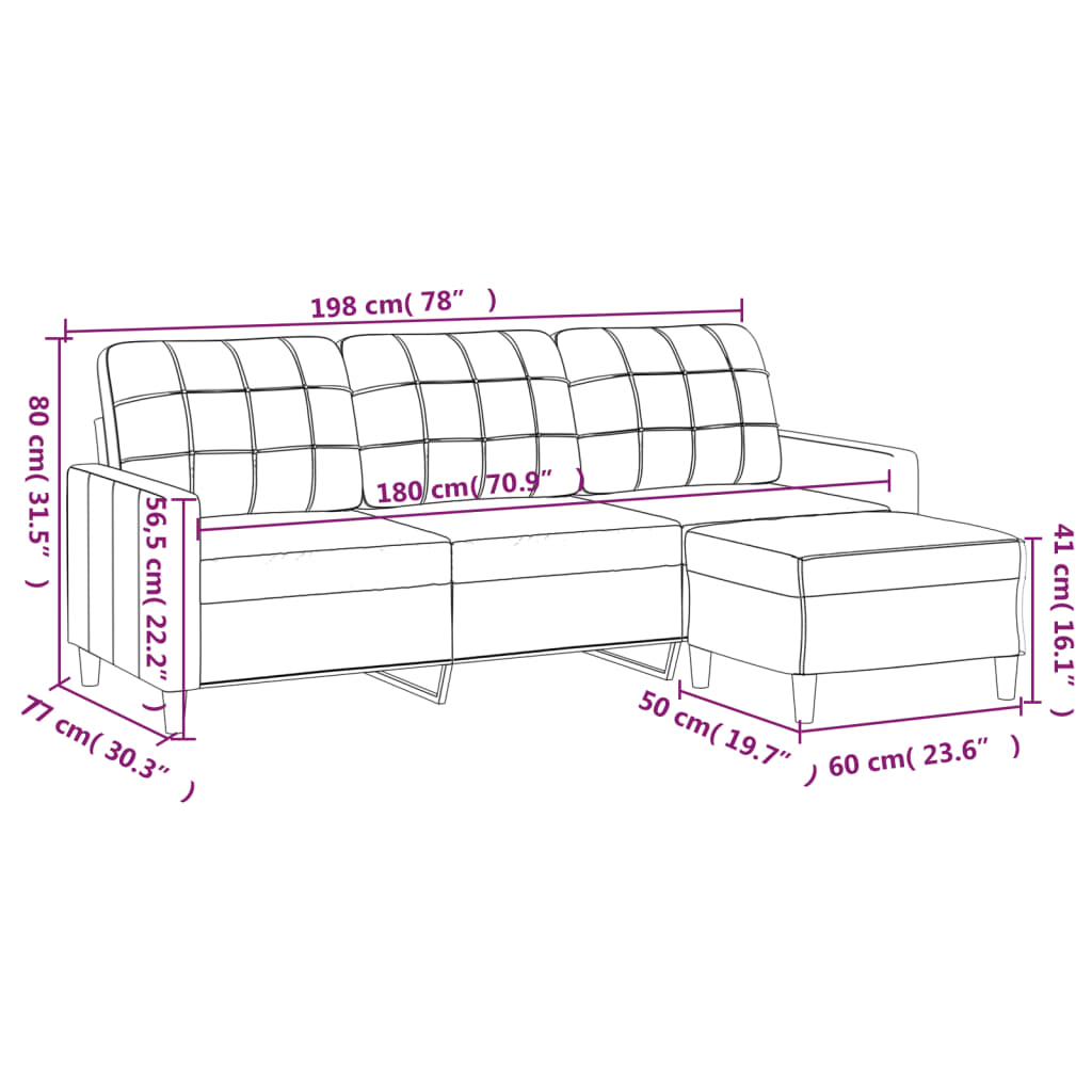 vidaXL 3-personers sofa med fodskammel 180 cm stof Vinrød