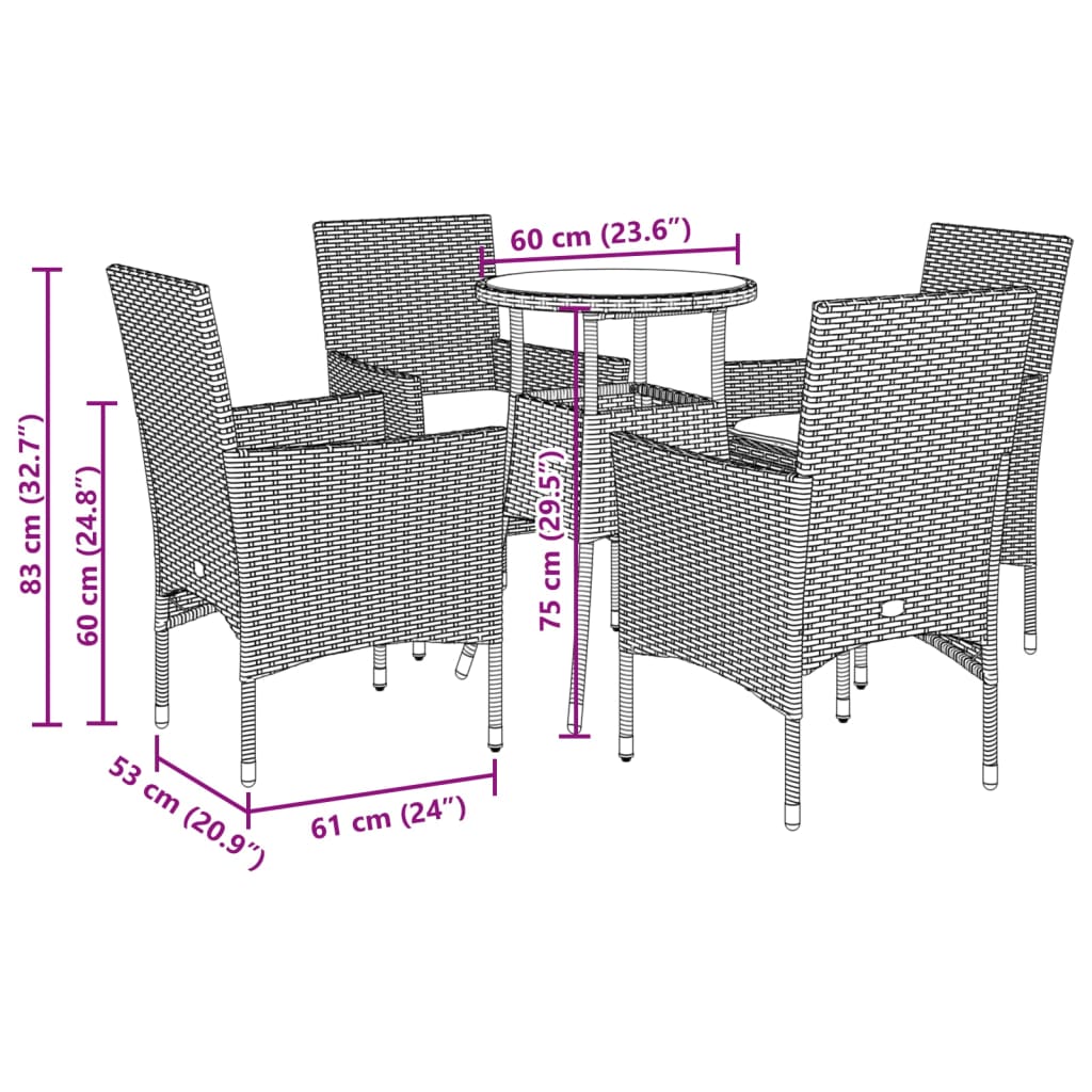 vidaXL spisebordssæt til haven 5dele m. hynder polyrattan og glas sort