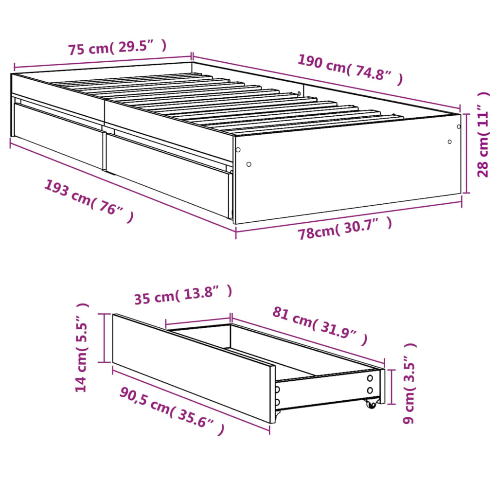 vidaXL sengeramme med skuffer 75x190 cm konstrueret træ grå sonoma-eg