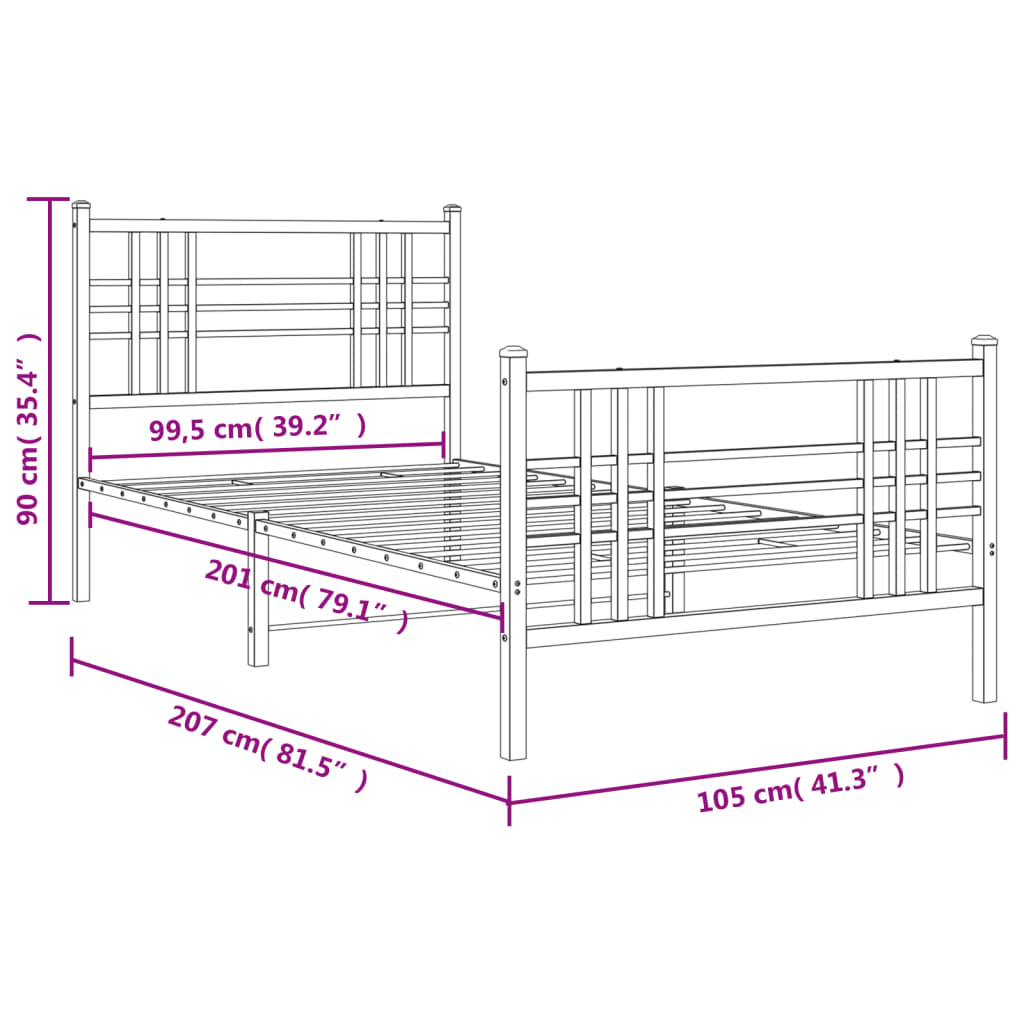 vidaXL sengeramme med sengegavl og fodgærde 100x200 cm metal hvid