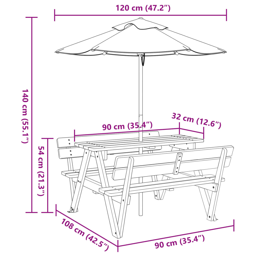 vidaXL picnicbord til 4 børn m. parasol massivt grantræ