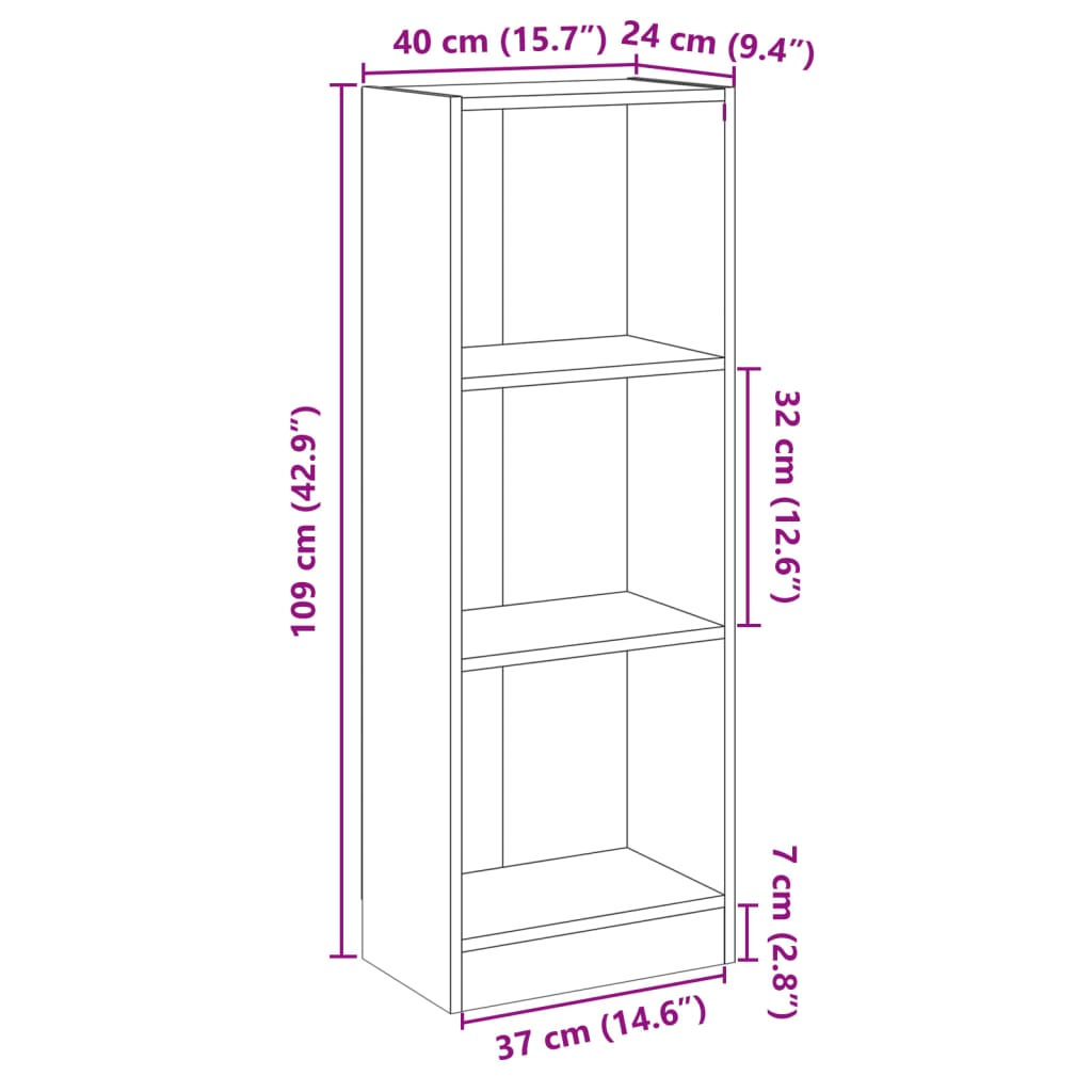 vidaXL bogreol med 3 hylder 40x24x109 cm konstrueret træ hvid højglans