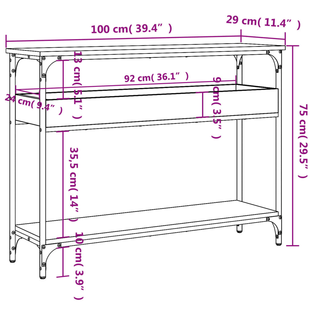 vidaXL konsolbord med hylde 100x29x75 cm konstrueret træ brunt egetræ