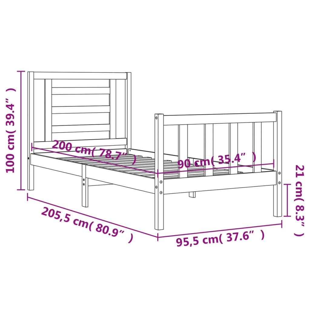 vidaXL sengeramme med sengegavl 90x200 cm massivt træ hvid