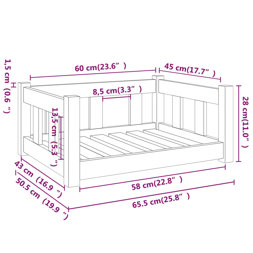 vidaXL hundeseng 65,5x50,5x28 cm massivt fyrretræ