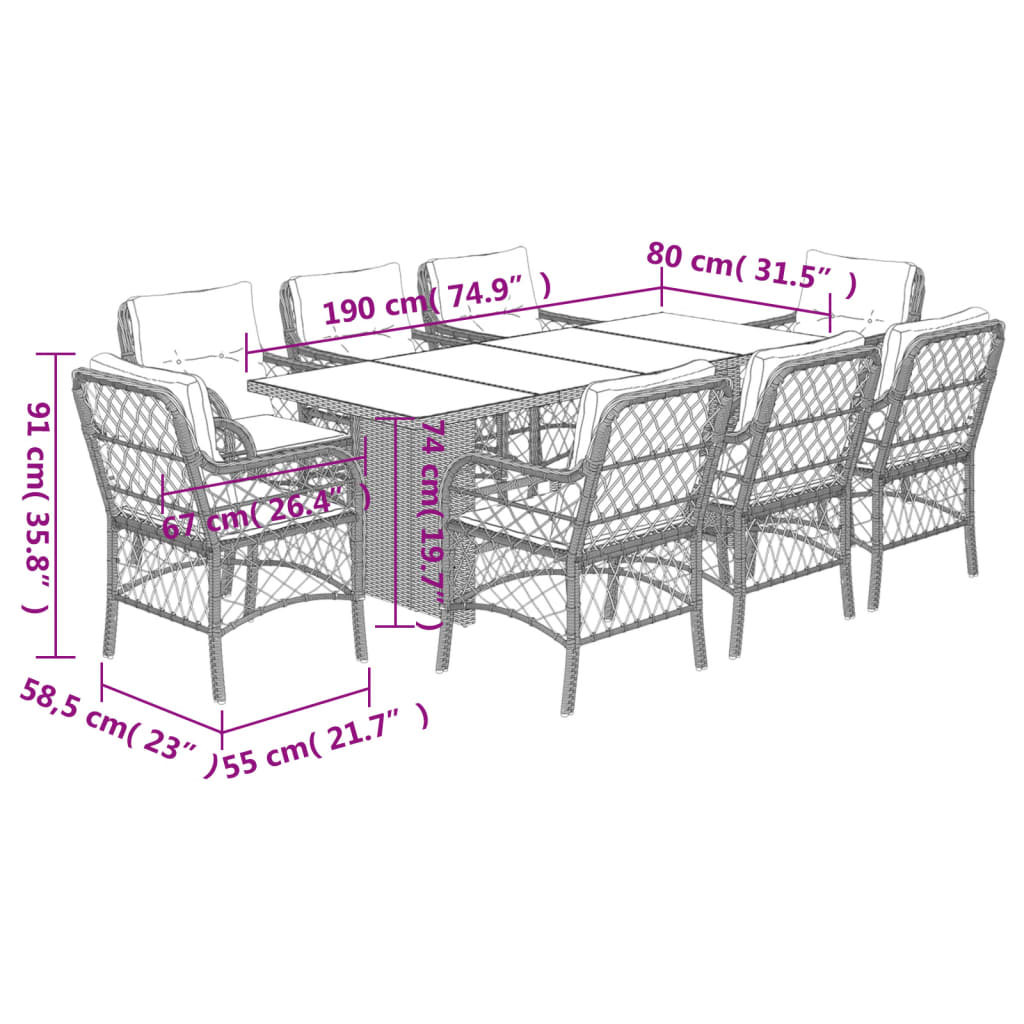 vidaXL spisebordssæt til haven 9 dele med hynder polyrattan beige