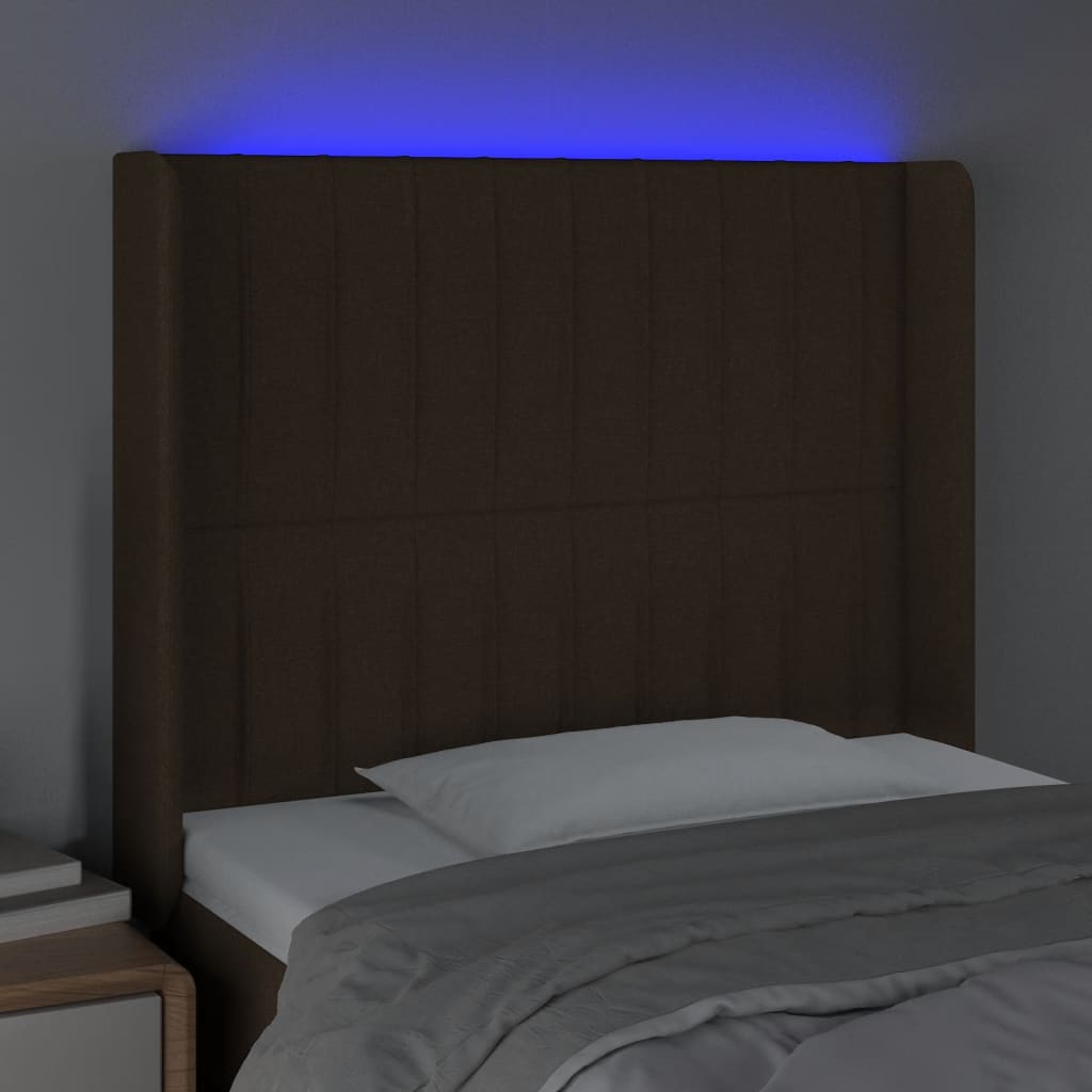 vidaXL sengegavl med LED-lys 93x16x118/128 cm stof mørkebrun
